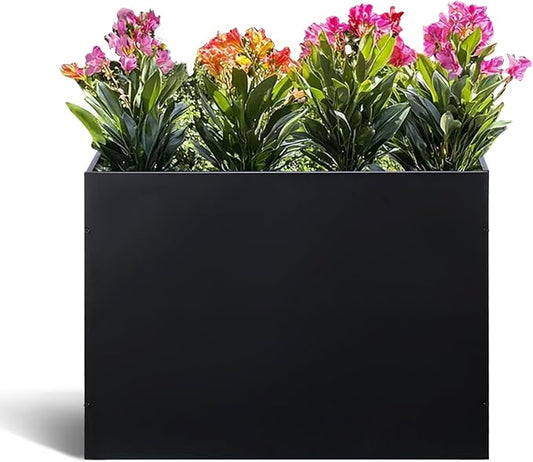 BAYN Metal Rectangular Planter Box Tall Planters for Outdoor Plants Modern Heavy Duty with Drainage Holes for Outside Indoor Patio Deck - Black, 32”x 12”x 24”