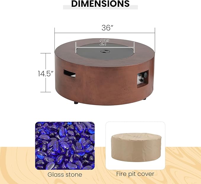 SUNSITT Outdoor 36’’ Propane Fire Pit Table 50,000 BTU Round Patio Propane Firepit Table, Pit Cover, Metal Lid & Fire Glass, Bronze Finish