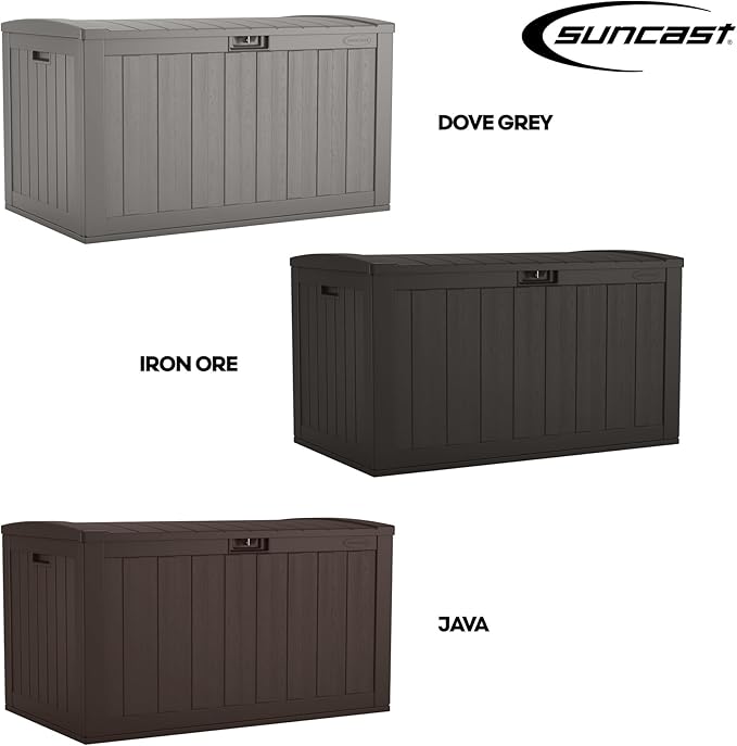 Suncast 134-Gal. Waterproof Resin Extra-Large Outdoor Patio Deck Box with Pad-Lockable Lid, Modern Outdoor Patio Bench/Storage Box for Cushions, Garden Tools, and More, Dove Gray