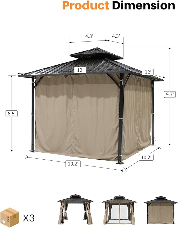 SEEHILL 12' x 12' Hardtop Gazebo, Aluminum Frame Patio Hardtop Gazebos with Netting and Curtain, Outdoor Patio Pergola, Outdoor Patio Gazebo with Double Metal Roofs for Lawns, Garden, Deck, Sandstone