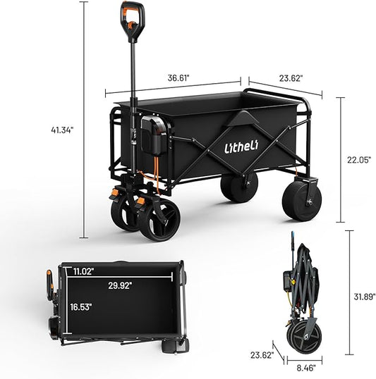 Litheli Electric Collapsible Wagon Cart Foldable, 100L Portable Folding Wagon Cart with Wheels, Outdoor Lightweight Utility Carts for Beach Grocery Camping Shopping，Black