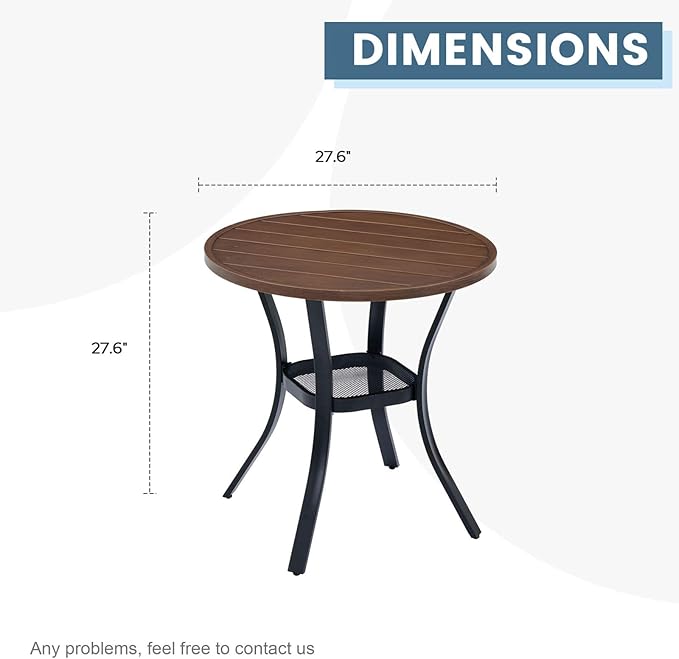 DIFY 27.6" Round Patio Dining Table, Outdoor Bistro Table with Rust Resistant Metal Frame, Ideal for Lawn, Backyard and Deck, Walnut