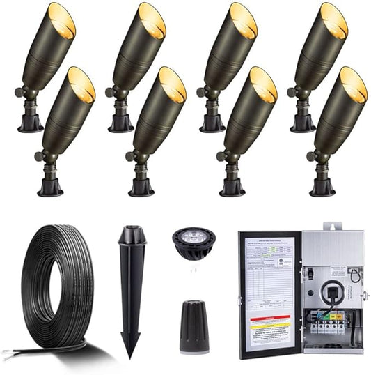 Gardenreet Brass Low Voltage Landscape Spotlights(8 Pack) Kit 12V LED with 150W Low Voltage Transformer and Mechanical Timer and 100 Feet Wire and 40Pack Connectors for Outdoor House Garden Patio