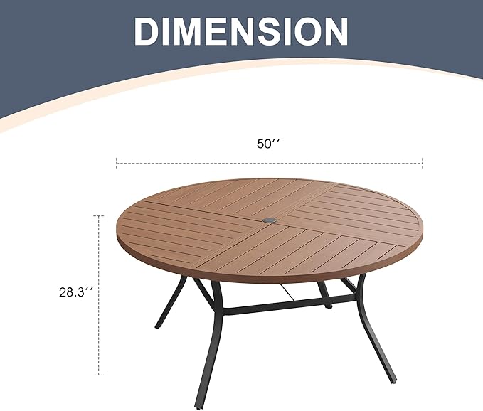 VICLLAX Round Patio Dining Table, 6 Person Metal Outdoor Dining Table with Umbrella Hole and Storage Shelf for Garden Lawn Deck, 50" Walnut