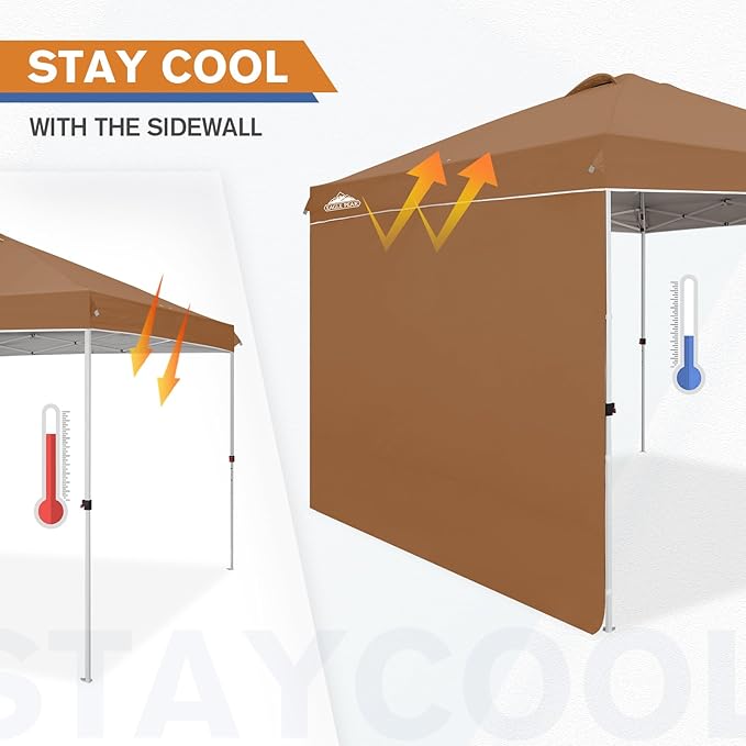 EAGLE PEAK Pop Up Canopy Tent with 1 Sidewall, Easy Setup Event Tent, Outdoor Sun Shade, Wheeled Carry Bag, Stakes and Guy Ropes, Instant Canopy 10x10, Khaki