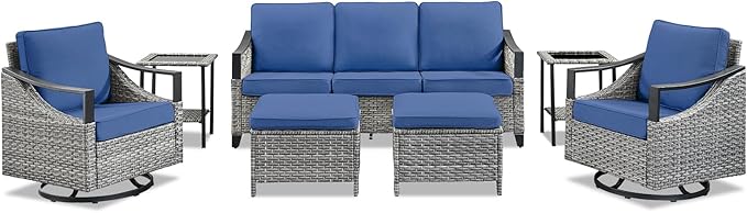 7 Pieces Patio Furniture Sets - High Back Outdoor Sectional Couch with Wicker Swivel Rocker Chairs, Rattan Ottomans with Side Table, Patio Conversation Set for Deck Garden Porch Balcony Gray/Blue