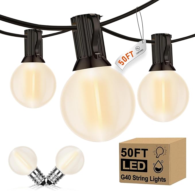 Pallerina 50FT LED Outdoor String Lights with 52 (2 Spare) Frosted Patio Shatterproof Bulbs,Commercial Grade Waterproof Patio Lights,Decorative for Garden Christmas Patio,Backyard, Balcony