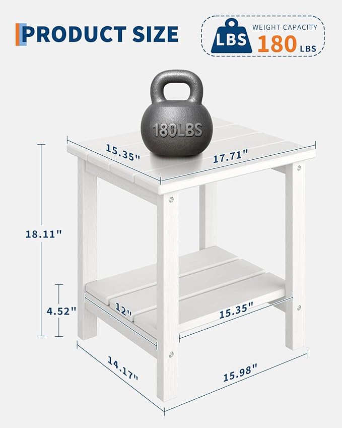 GarveeLife Outdoor Side Table 2-Tier, 18 in HDPE All Weather Resistant Patio Side Tables for Outside, End Table for Patio Pool Deck Indoor Backyard, White
