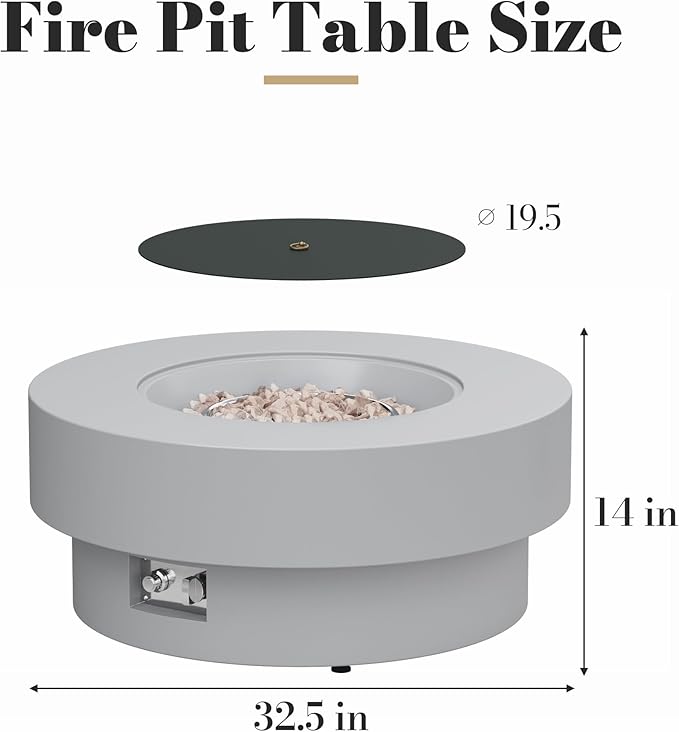 32.5 Inch Propane Fire Pit Table, 50,000 BTU Round Patio Fire Pit Table Outdoor, CSA Certified, Stainless Burner with Steel Lid, Waterproof Cover & Lava Rocks, for Backyard Garden, Gray