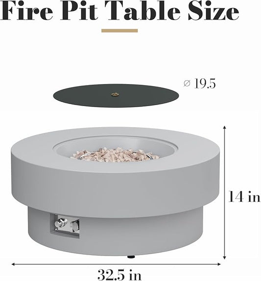 32.5 Inch Propane Fire Pit Table, 50,000 BTU Round Patio Fire Pit Table Outdoor, CSA Certified, Stainless Burner with Steel Lid, Waterproof Cover & Lava Rocks, for Backyard Garden, Gray