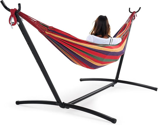 Sweetcrispy Double Hammock with Space Saving Steel Stand Heavy Duty 2 Person Standing Hammocks 450lb Capacity for Outside Garden Yard with Portable Carrying Bag, Red