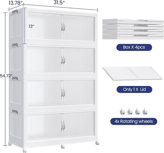 640QT Plastic Stackable Storage Bins with Lid, 160GAL Extra Large Collapsible Box with Wheels Clear Door, Foldable Closet Organizer Container Cabinet Drawer for Home Kitchen，4Pack, White