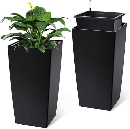 Garvee 30" Tall Planters Set of 2, Outdoor＆Indoor Black Planter Pots, High Front Porch Planter Pots with Drainage Holes＆Water Level Monitor＆Inner Bucket,Black
