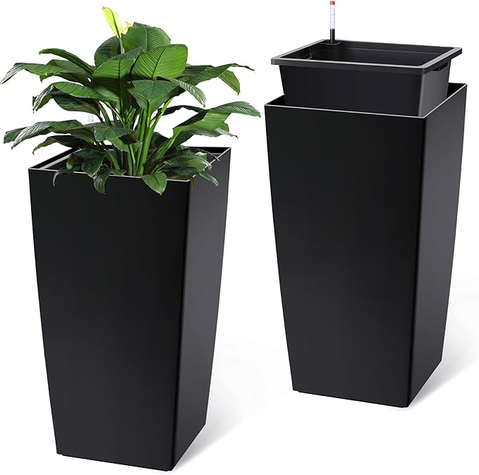 CABIHOME 30 Inch Tall Outdoor Planters Set of 2, High Front Porch Planter Pots with Drainage Holes, Water Level Monitor and Wheels, for Porch or Patio, Black