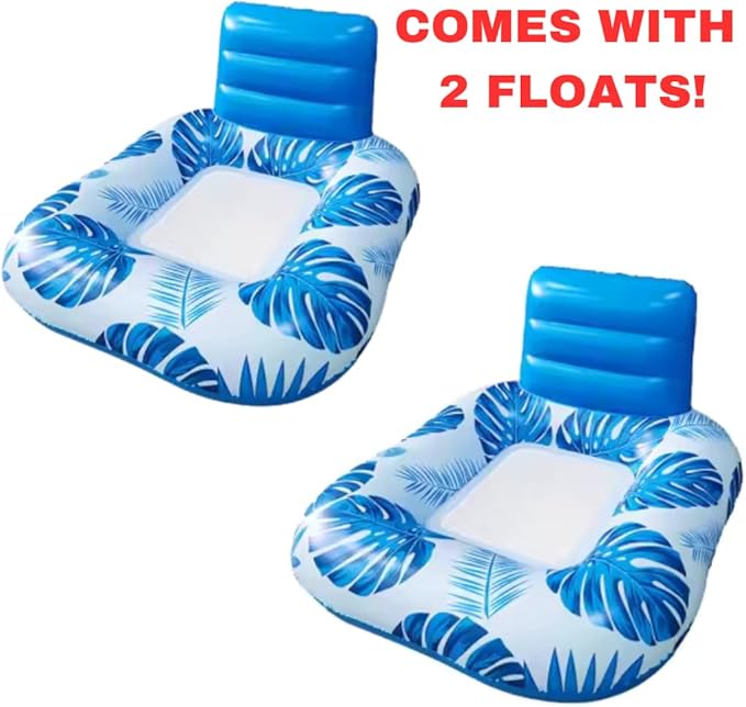 Square Inflatable Pool Lounger with Backrest (Two Pack), Tropical Palm Leaf Float for Adults, Relaxing Pool Raft with Cooling Mesh Seat