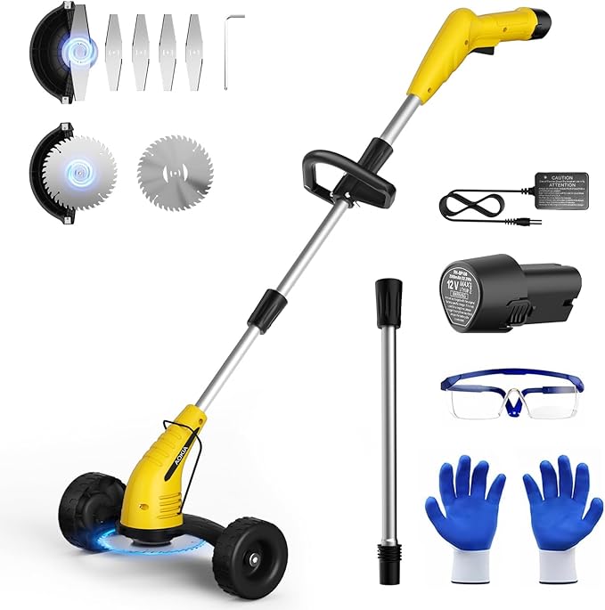 Aokia Weed Wacker Cordless for Lawn: Grass Mower with Roller - 2.0Ah Battery Powered for Hedge Clearance Yard Cutting Tree - String Trimmers for Garden Cutter Handyman Landscaper