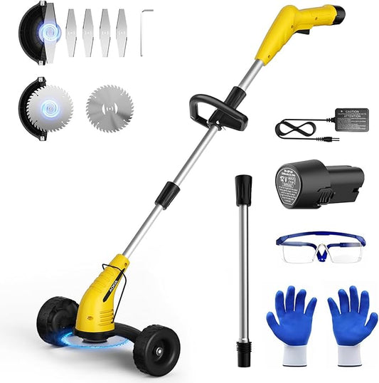 Aokia Weed Wacker Cordless for Lawn: Grass Mower with Roller - 2.0Ah Battery Powered for Hedge Clearance Yard Cutting Tree - String Trimmers for Garden Cutter Handyman Landscaper