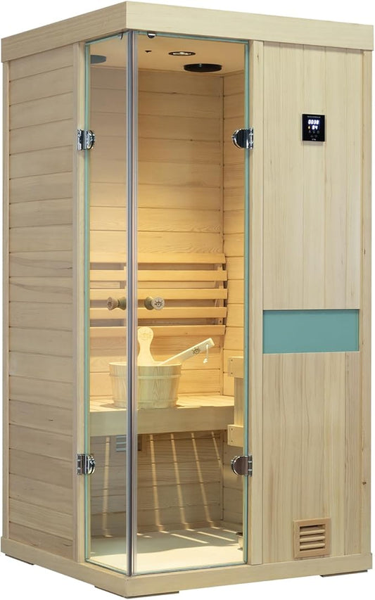 LTCCDSS 1 Person Traditional Steam Sauna Room, Hemlock Wooden Indoor Steam Saunas for Home with 240V, Low EMF 2.5KW Steam Sauna Heater, Sauna Stone, Wooden Bucket, Bluetooth Speaker, LED, LCD