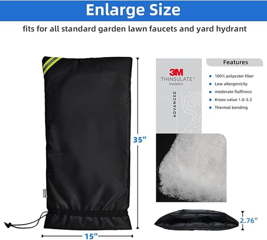 3M Thinsulate Outdoor Faucet Covers for Winter Freeze Protection, Thicker Waterproof Insulation Long Winter Sock for Outdoor Sprinkler Yard Hydrant Hose Bib Insulated Spigot Covers Black 15" x 35"