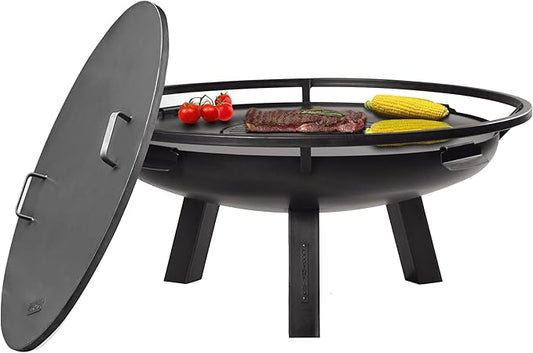 Ember 24" Handcrafted Cooking Fire Pit with Grill Plate Attachment and Cover Lid Attachment for Wood Burning for Backyard Grilling Campfire for Camping, Outdoor Steel Firepit, by Good Directions
