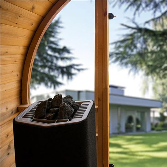 Outdoor Wood Steam Barrel Sauna, Canadian Hemlock Sauna Room for 3 to 4 Person, 6KW ETL Certified Harvia Heater, Asphalt Shingles, Panoramic View Window, 8mm Tempered Glass, L-Shaped Bench, 220V