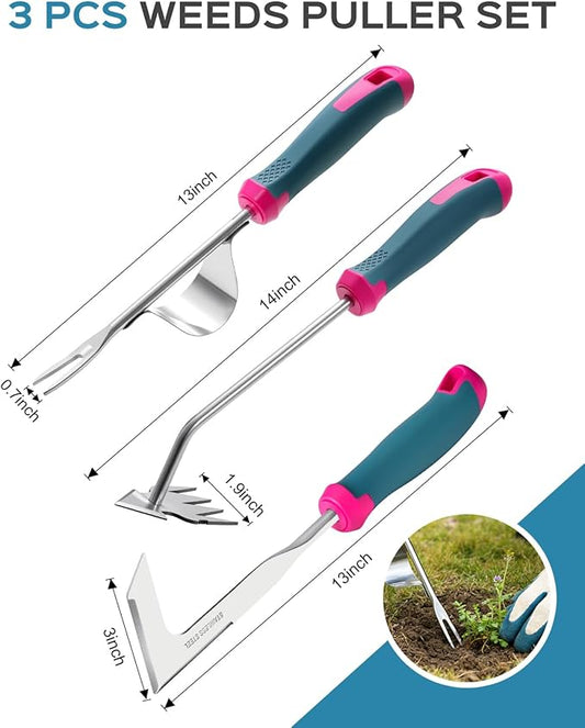Weed Puller Tool Set, Stainless Steel Garden Weed Pullers & Hand Weeder Tool for Cracks, Crevices & Driveways, Ergonomic Non-Slip Handle Weed Remover & Crack Weeder Tool Kit (Weeder Tools set-3PC)