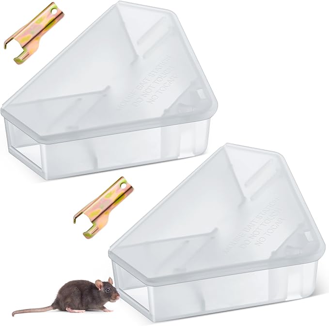 Qualirey 2 Pcs Mice Station with Key Triangle Bait Station Reusable Rodent Trap Bait Box, Keeps Children and Pets Safe Indoor & Outdoor, Bait Not Included, Suitable for Small Mice (Translucent)