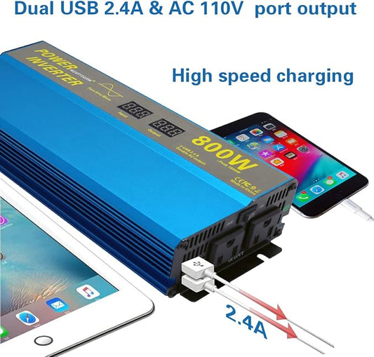 800W Peak 1600W Pure sine Wave Power Inverter for Vehicles peak-1600 watt DC 12V to 110V AC Inverter with 2.4A Dual USB Car Adapter LCD Digital Display MOVFFGGRM