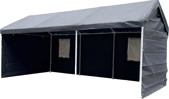 Rutile 10x20 Carport Replacement Sidewall, 180G PE Waterproof & UV Protected Sidewall Cover (Gray, Sidewall kit Panel Set of 4 with Mesh Windows)