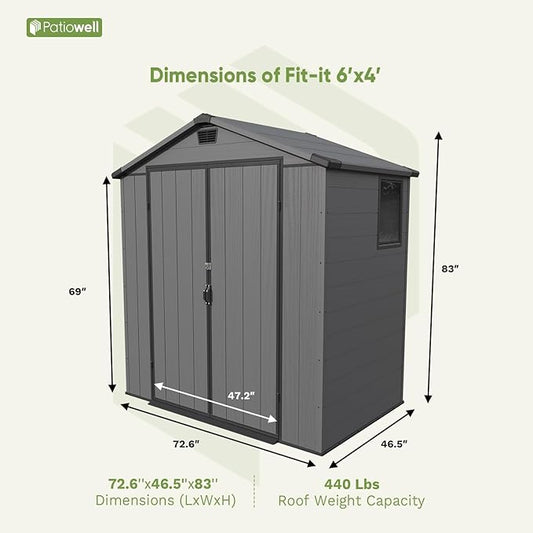 Patiowell 6X4 FT Plastic Outdoor Storage Shed with Floor, Resin Outside Tool Sheds with Window and Lockable Door for Backyard, Garden, Tool Storage Usage, Easy to Install, Dark Grey