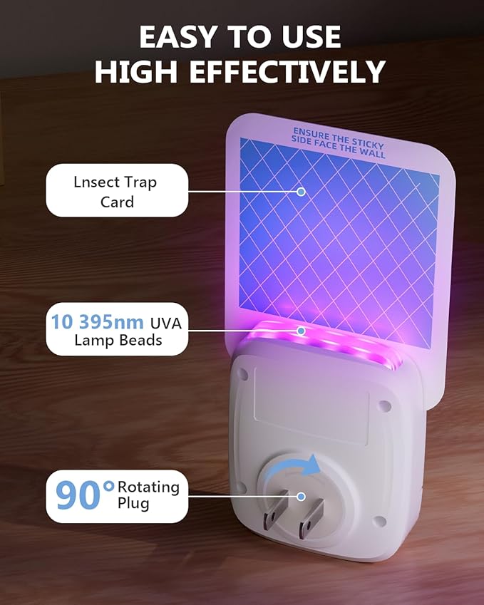 Flying Insect Trap, Plug-in Fruit Fly Trap, Indoor Gnat Traps, 400 Sqft Protection Area, Suitable for Gnat, Moth, and Mosquito, and Can Used in Every Corner of Home（1 Device +5 Glue Cards）