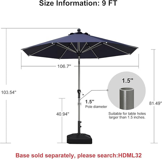 PURPLE LEAF 9' Round Patio Umbrella with Tilt Adjustment, Outdoor Table Umbrella Champagne Aluminum Frame, Market Umbrella Pool Umbrella for Deck Garden, Patio, or Poolside