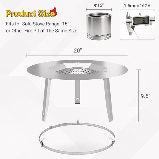 Upgraded Heat Deflector for Solo Stove Ranger 15’’, 304 Stainless Steel Heat Diffuser with Detachable Legs & Fix Hoop, Capture and Redirect Warmth, Camping Accessory