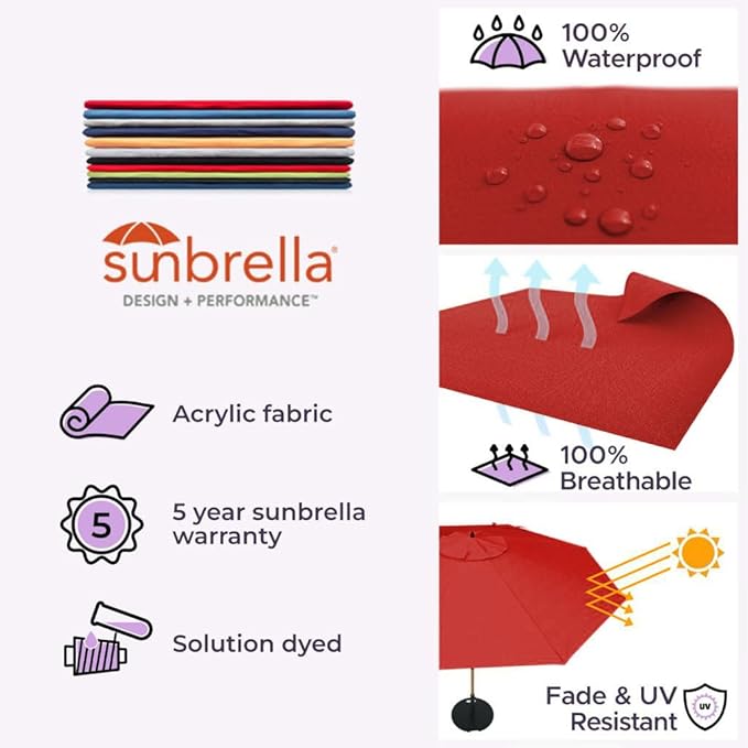 Midtown Umbrellas Sunbrella Umbrella Outdoor Patio Umbrella 2-9 Feet in Sunbrella Red Acrylic Fabric, Auto-Tilt Aluminum Frame For Backyard Umbrella, Deck Umbrella & Porch Umbrella - Wooden Pole