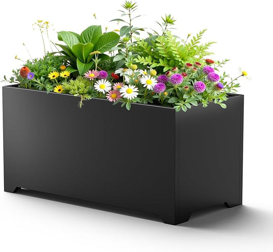 Heavy-Duty Metal Garden Planter Box, Large Outdoor Rectangle Planters with 6 Drainage Holes & Raised Bottom, All-Weather Container for Patio, Deck, Commercial Use, 32"L x 15"W x 15"H, Black