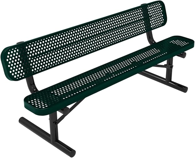 COATEDOUTDOORFURNITURE Heavy-Duty Portable Outdoor Bench Thermoplastic Coated, Punched Steel, Commercial-Grade Seating, Made in America (Portable with Back, 6 Ft, Textured Dark Green)