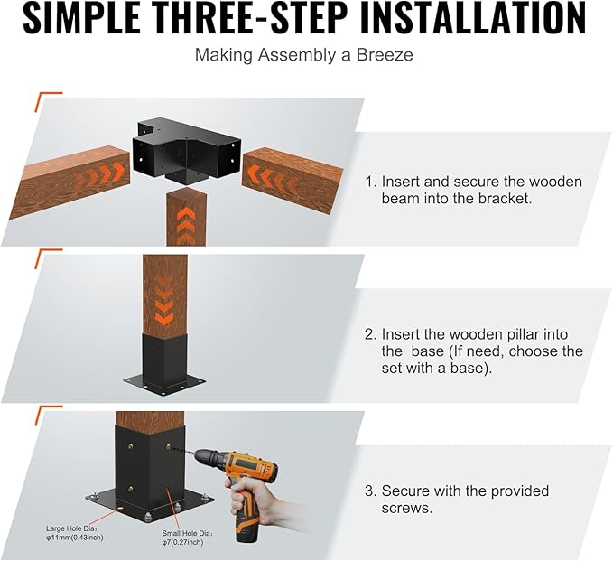 VEVOR Pergola Bracket Kit 4''x4''(Inner Size 3.6x3.6), 2pcs 4-Way Heavy Duty Corner Bracket Woodworks DIY Post Base Kit, Easy Installation Wooden Beams for Gazebos, Patio Pergolas, Log Cabin