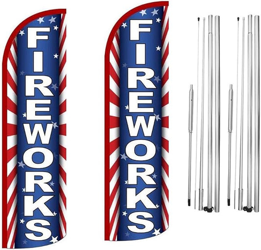 Fire Works Feather Flag | 3ft W x 11.5ft H | Durable Super-Knit Polyester with Aluminum Flagpole and Ground Spike | Outdoor Advertising Banner Flag for Promotions | Two Kits w/Hardware