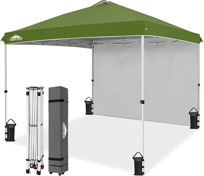 EAGLE PEAK Pop Up Canopy Tent with 1 Sidewall, Easy Setup Event Tent, Outdoor Sun Shade, Wheeled Carry Bag, Stakes and Guy Ropes, Instant Canopy 10x10, Grass Green