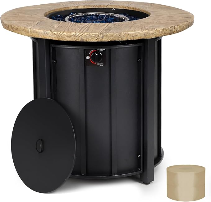 30 Inch Round Propane Fire Pit Table,50000 BTU Outdoor Fire Pit with Automatic Ignition & Lid Cover,Portable Iron Steel Firepit for Patio,Deck,Backyard Garden w Glass Stones & Rain Cover