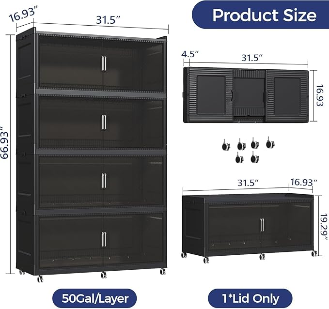 800QT Extra Large Storage Bins with Lid and Wheels, 200Gal Stackable Closet Organizers and Storage Cabinet, Collapsible Storage Box Drawer with Doors for Home Kitchen Office Dorm, 4Pack Black