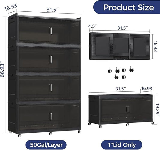 800QT Extra Large Storage Bins with Lid and Wheels, 200Gal Stackable Closet Organizers and Storage Cabinet, Collapsible Storage Box Drawer with Doors for Home Kitchen Office Dorm, 4Pack Black