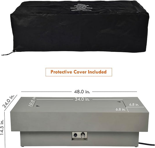 Outdoor Low Profile Fire Table with Wind Glass Shield, 48-inch Rectangle Propane Gas Fire Pit Table, 50,000 BTU Modern Firepit w/Lid, Fire Glass, Cover, Pre-Attached 10ft Propane Hose