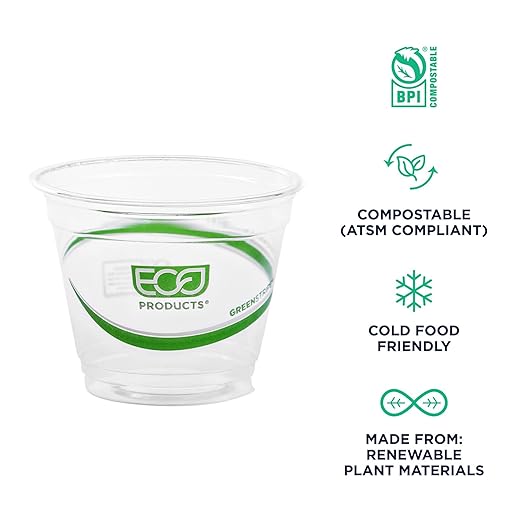 ECO PRODUCTS GreenStripe Clear Compostable 9oz PLA Plastic Cups, Case of 1000, Disposable Renewable Plant-Based Cold Cups, For Cold Drinks & Snacks, BPI Certified, ASTM Compliant.