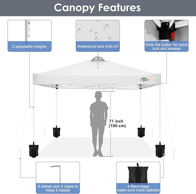 COBIZI Canopy Tent 10x10 Pop Up Outdoor Canopies with 4 Sidewalls Waterproof Commercial Instant Gazebo Tents for Party Patio Backyard with 4 Sandbags, 4 Stakes & 8 Ropes, White