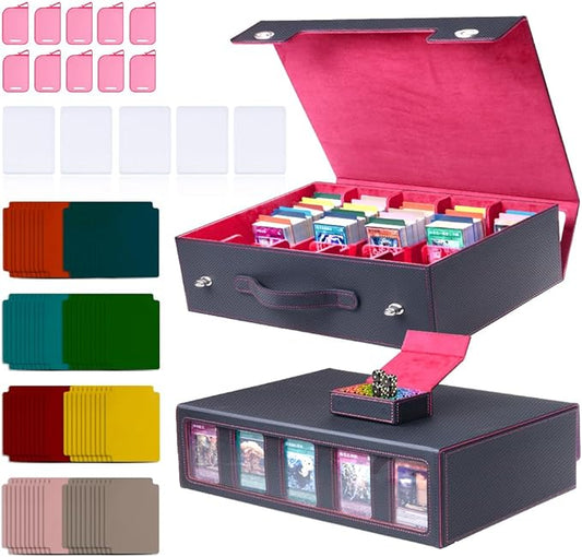 5-Row 3900+ Trading Card Storage Box for MTG, Card Deck Box with Snap-fit Design, 5 Card Sleeves, 10 Stoppers, 80 Dividers and 1 Dice Tray (Black-Red)