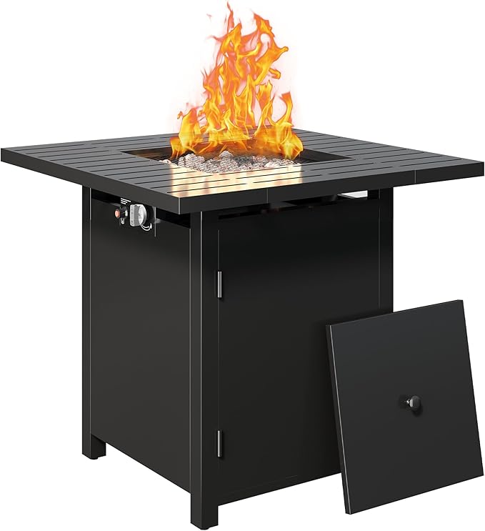 30'' Propane Fire Pit Table, 50000 BTU Gas Fire Pits Table with Removable Lid and Lava Rock, Square Fire Table with Cover, Ideal for Dining or Party on Patio, Garden, Yard, Black
