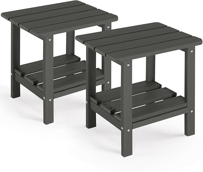 Adirondack Outdoor Side Table Set of 2, 2-Tier Small Patio End Table, Weather Resistant HDPE Outdoor End Tables for Garden, Lawn, Pool, Beach, Porch, Deck, Backyard - Square, Dark Gray