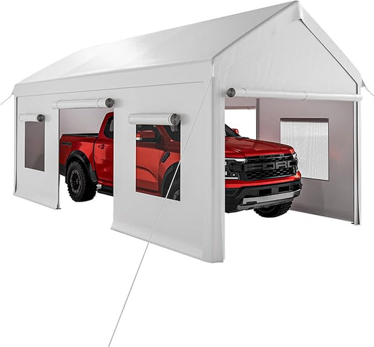 Garvee 10x20 Carport Canopy, Heavy Duty Car Port with Waterproof Tarp, Roll-Up Windows & Doors, Outdoor Portable Garage with Removable Sidewalls, for Car, Boat, Truck, Motorcycle, White