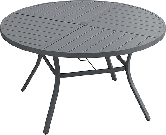 VICLLAX Round Patio Dining Table, 6 Person Metal Outdoor Dining Table with Umbrella Hole and Storage Shelf for Garden Lawn Deck, 50" Dark Grey